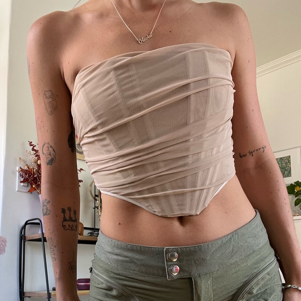 Beige and cream mesh corset top